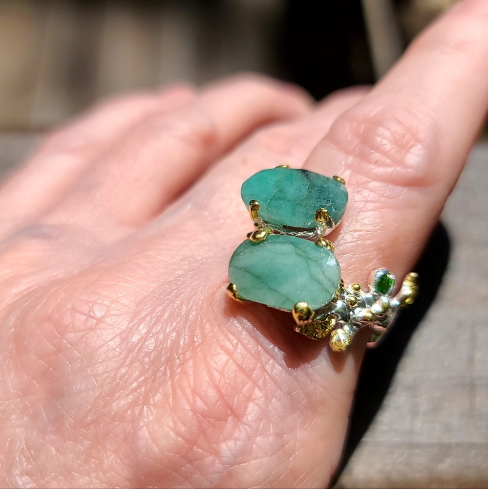 Dual Emeralds of ENORMOUS size crome Diopside sterling ring sz 8.5